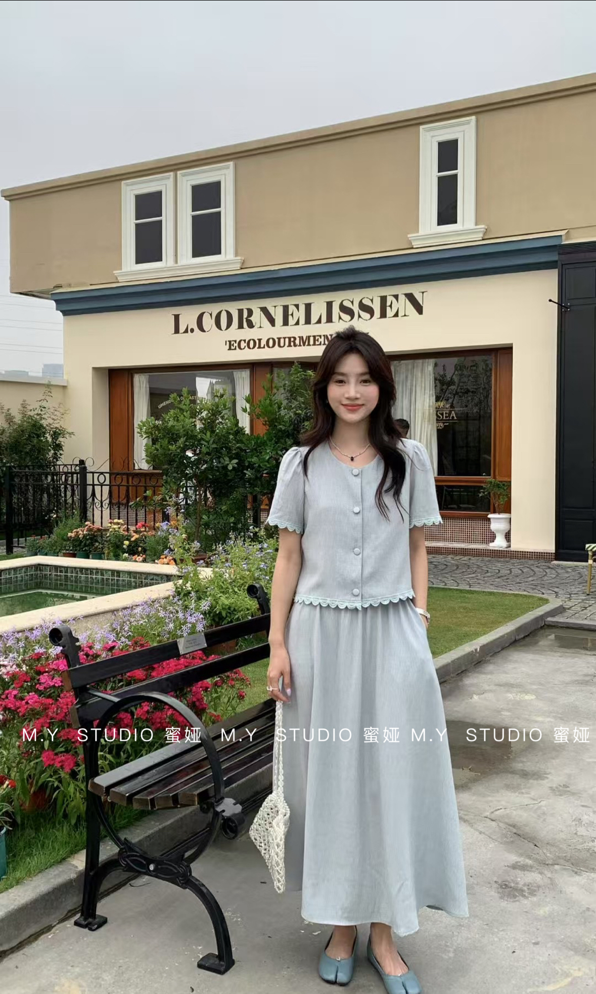 夏季新款法式花边高腰显瘦拼接半身裙搭配短袖上衣