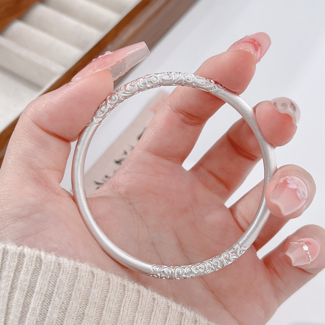 足银手镯 A71中国风卷纹金箍手镯实心古法简约镯七夕情人节