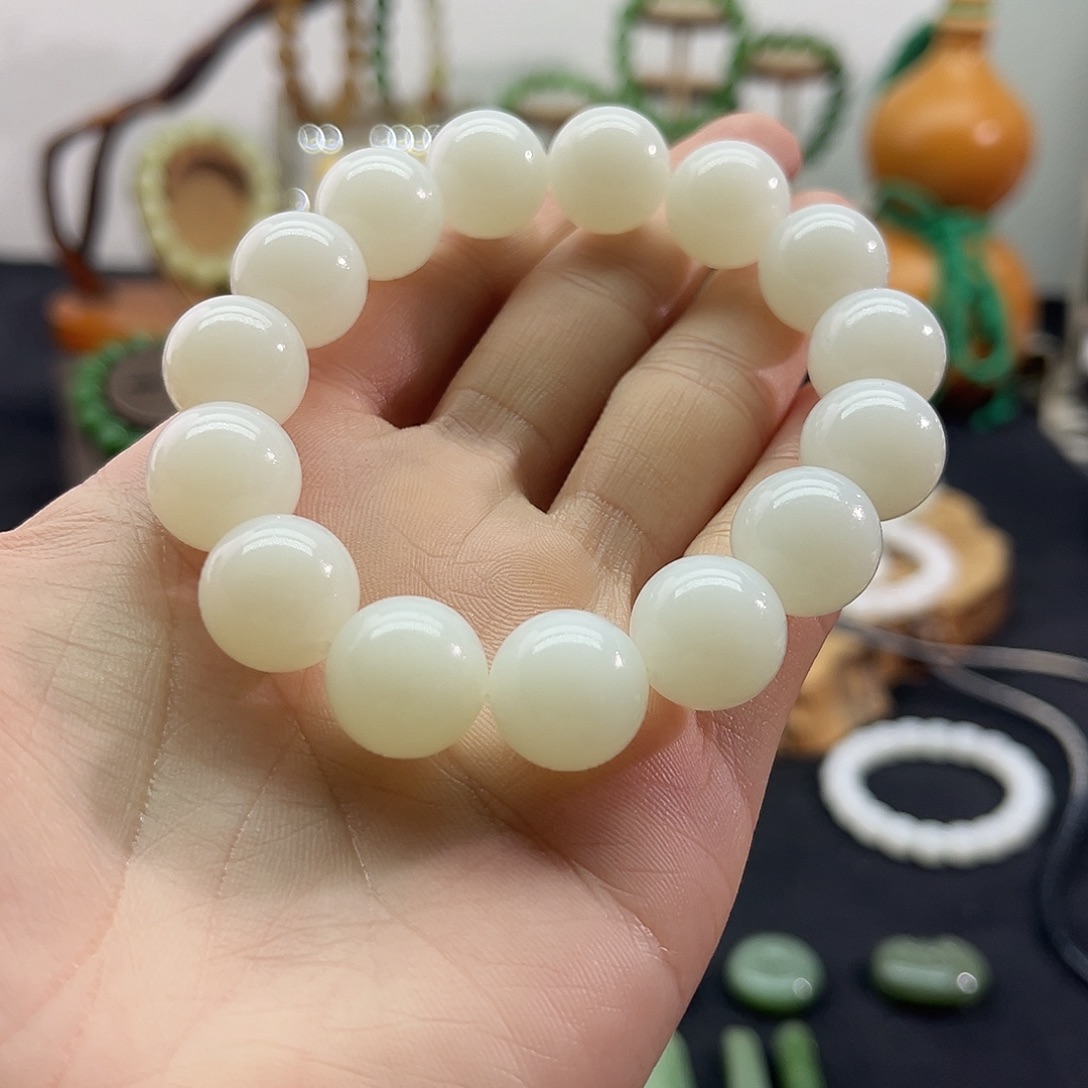 和田玉未镶嵌颈饰俄料-白玉手串-15mm