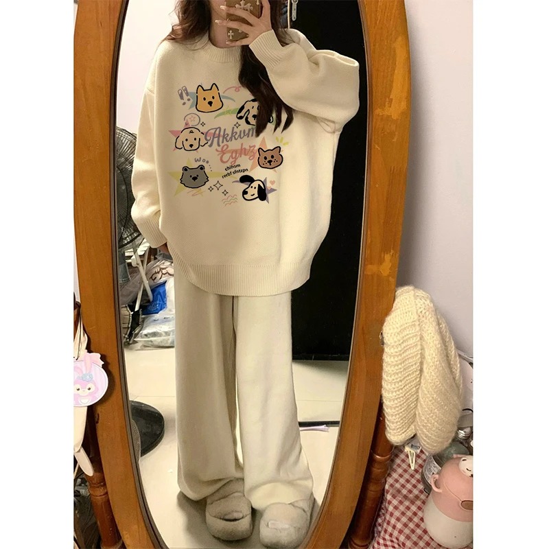加大码300斤慵懒宽松百搭加厚毛衣女秋冬印花圆领胖mm针织衫上衣