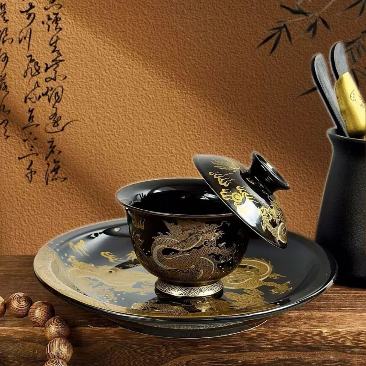 景德镇手工手绘描金龙纹高端陶瓷茶具茶具套装五件套（带礼盒）