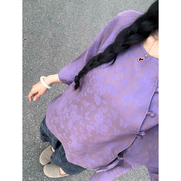 香云纱刮染花罗梦幻紫毛衫100%桑蚕丝70长度120胸围
