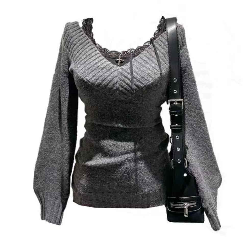 麦麦家古着风秋冬V领辣妹复古修身性感辣妹显瘦t恤