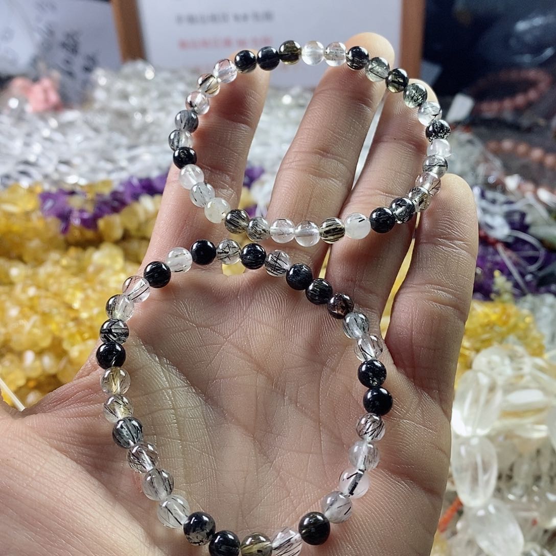 玛瑙/玉髓珠宝半成品未镶嵌一条天然6mm黑发晶手链C103