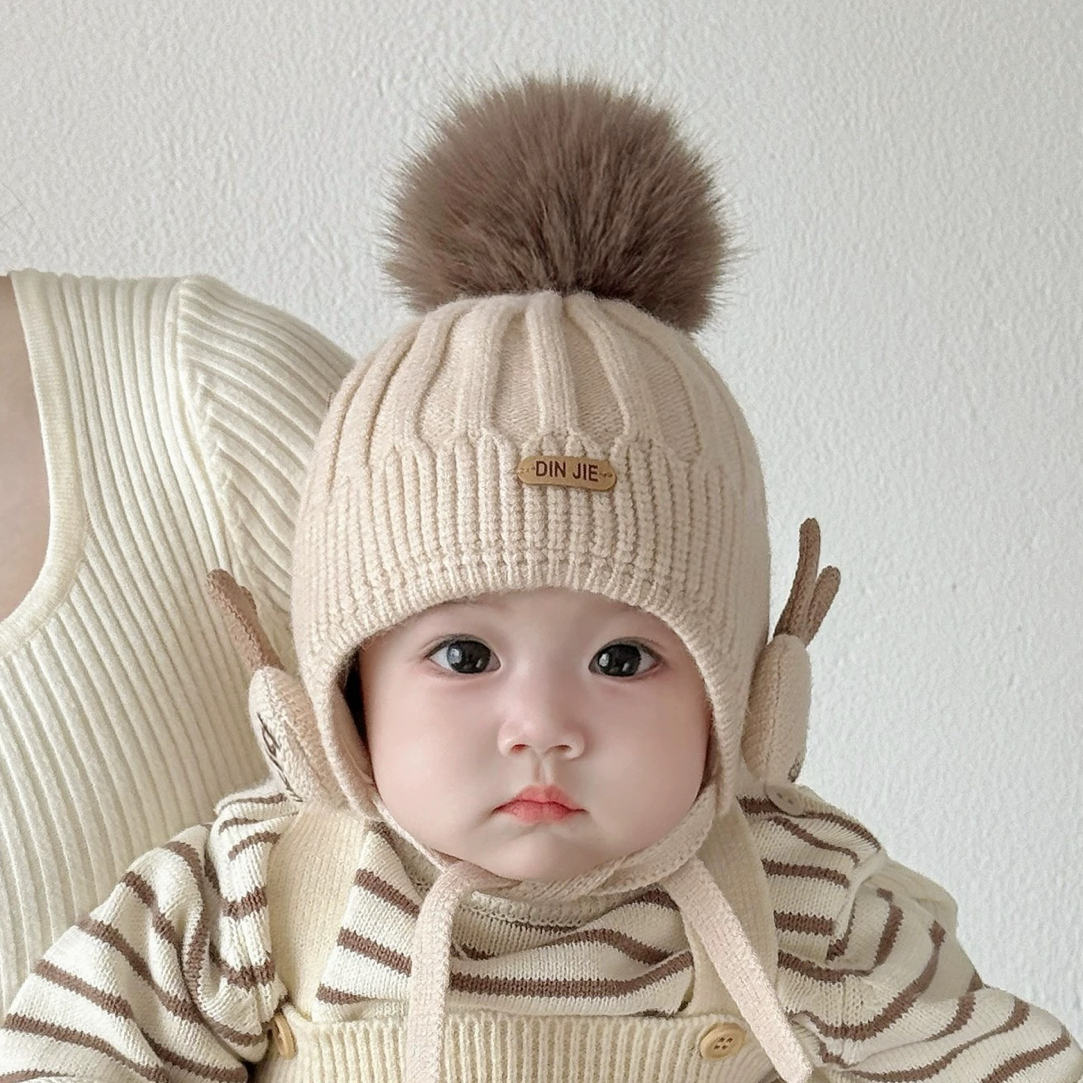 婴儿帽子秋冬款韩版可爱小兔护耳帽冬天男童女宝宝加厚保暖毛线帽