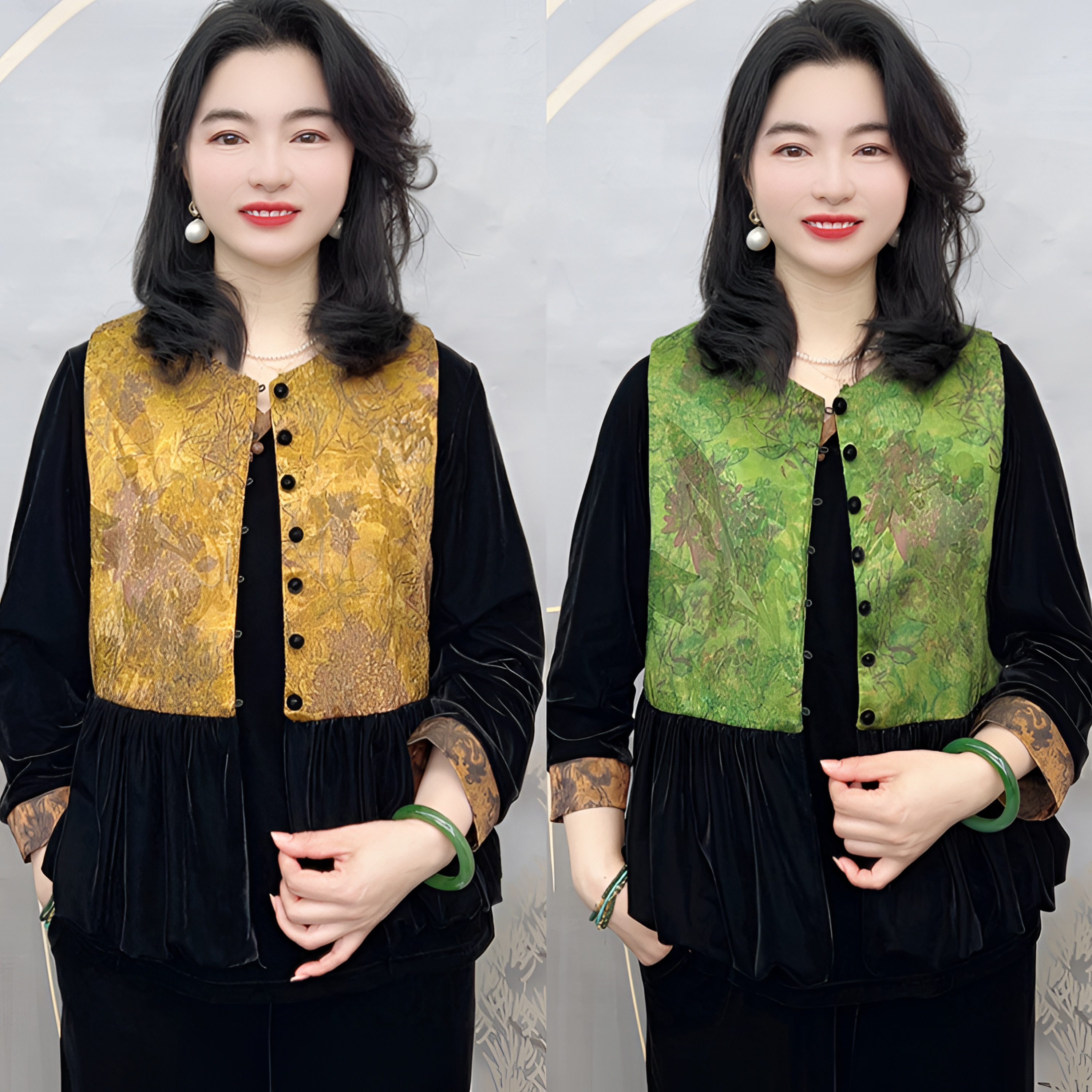 撞色包扣时尚花摆中老年妈妈单件马甲