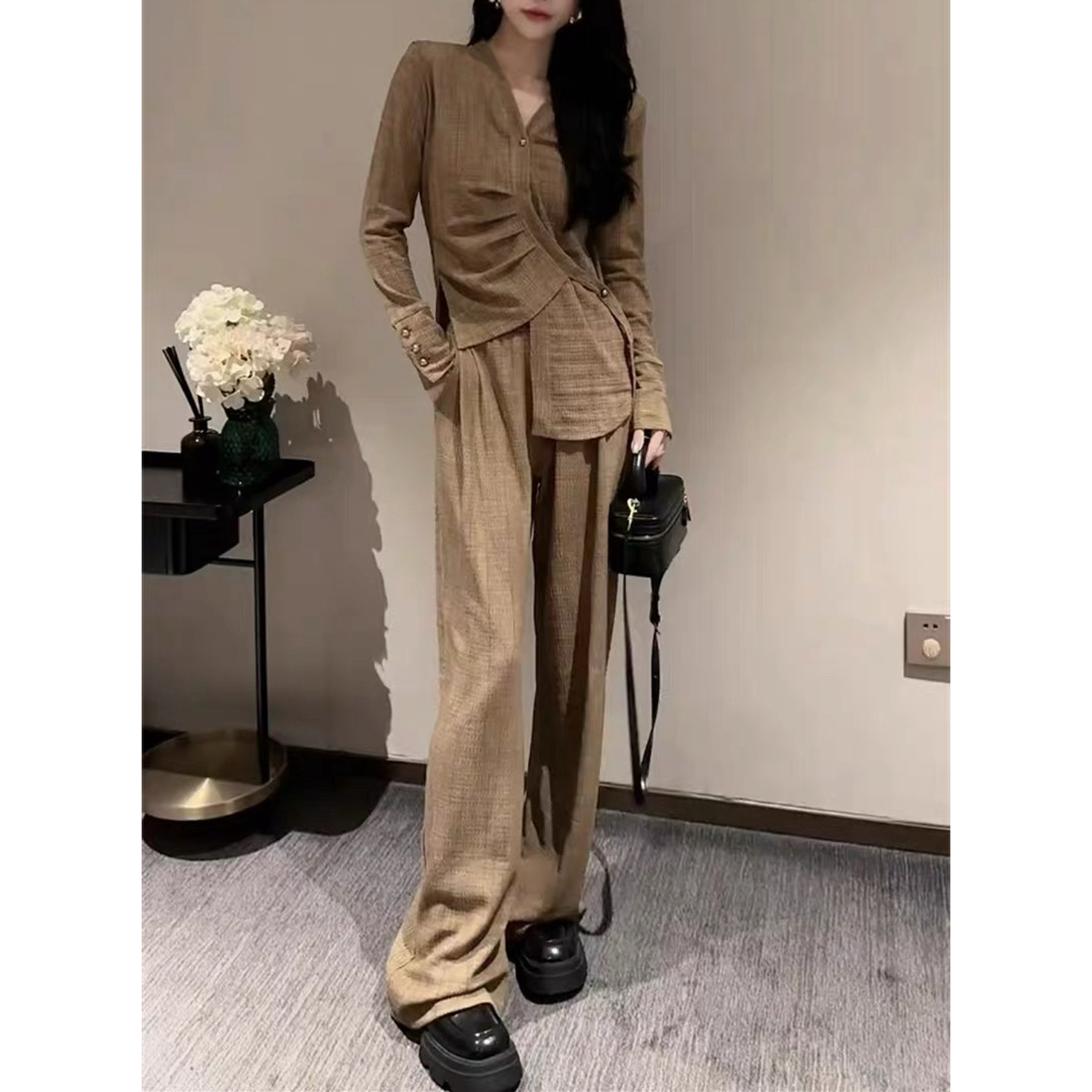 191【两件套】韩版轻熟风不规则设计感上衣+阔腿裤时尚套装（D23