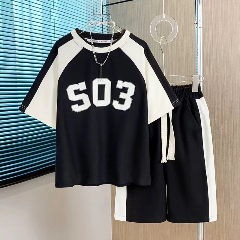 儿童2025春季新款时尚华夫格拼色短袖套装(微染色介意勿拍)B0458