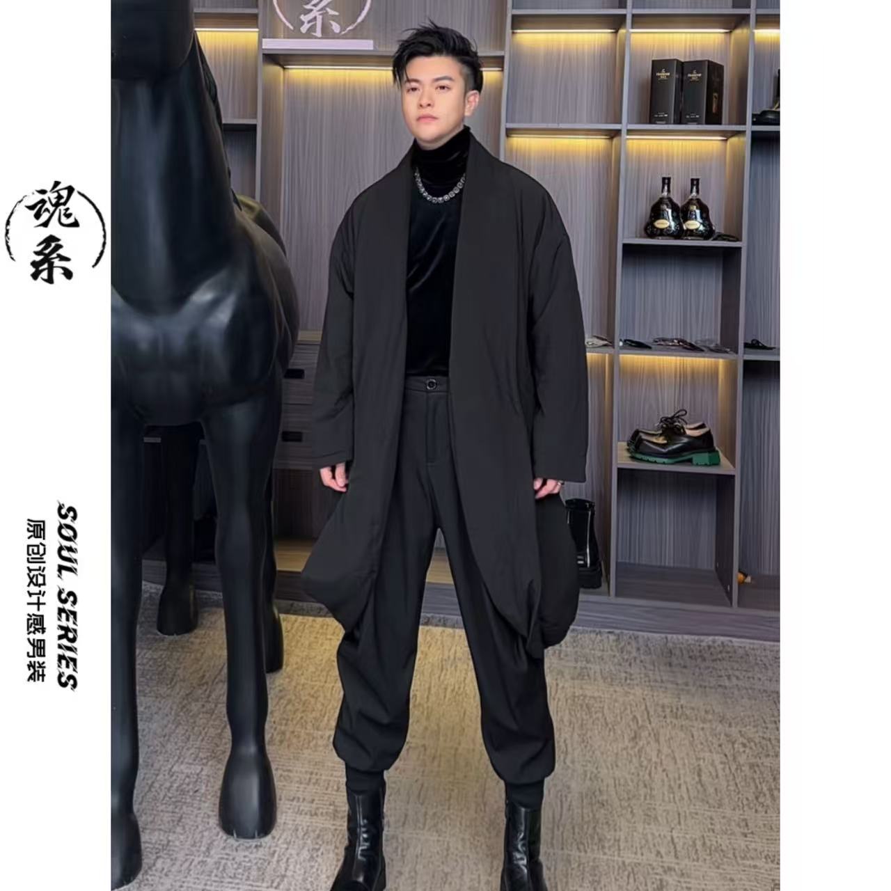 [魂系]秋冬黑色棉服大衣中长款个性山本暗黑风大版型保暖-2525