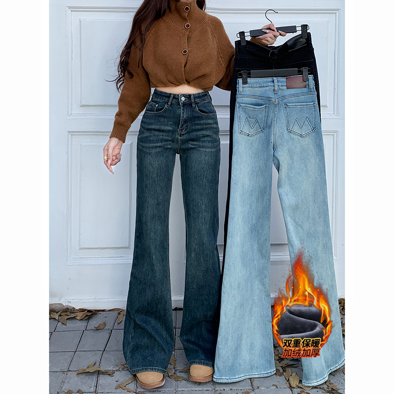 加绒不贴腿刺绣微喇牛仔裤女2025年冬季新款高腰显瘦修身喇叭长裤