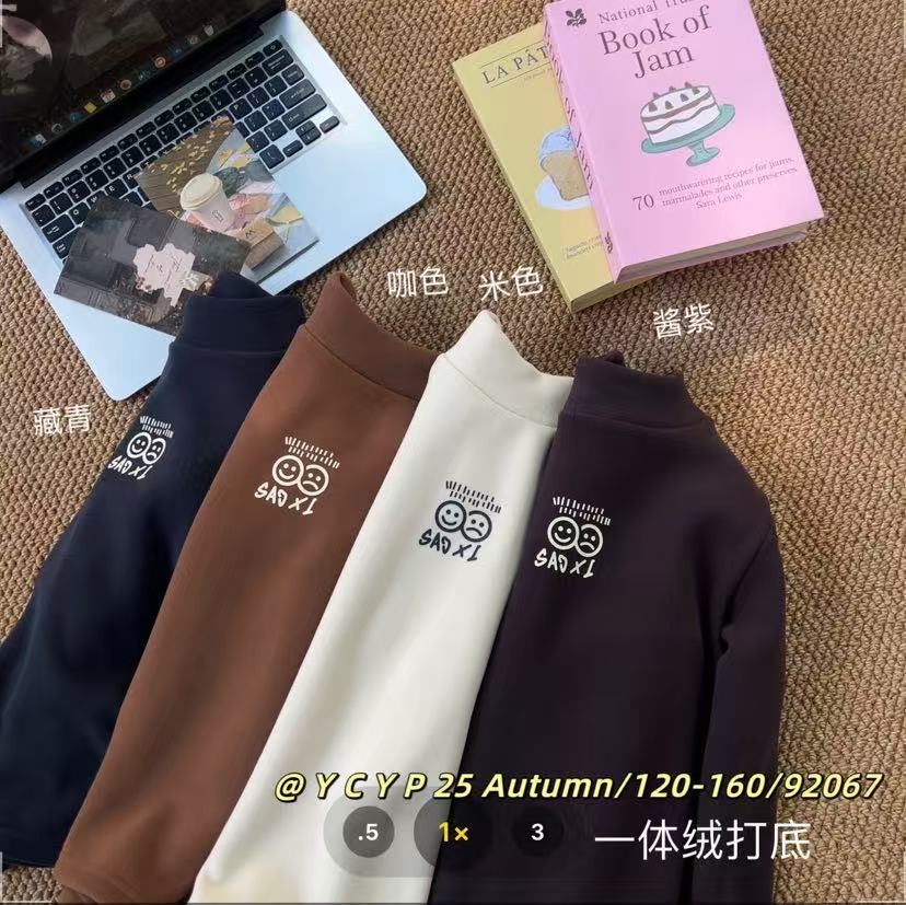 YCYP 2025冬季中童韩版时尚字母笑脸百搭加绒打底衫T恤 92067