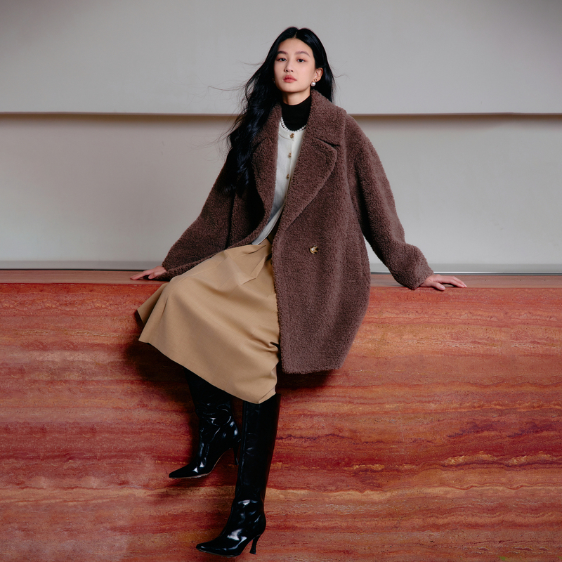【专柜同款】中长款宽松韩版双色保暖冬季羊羔毛大衣