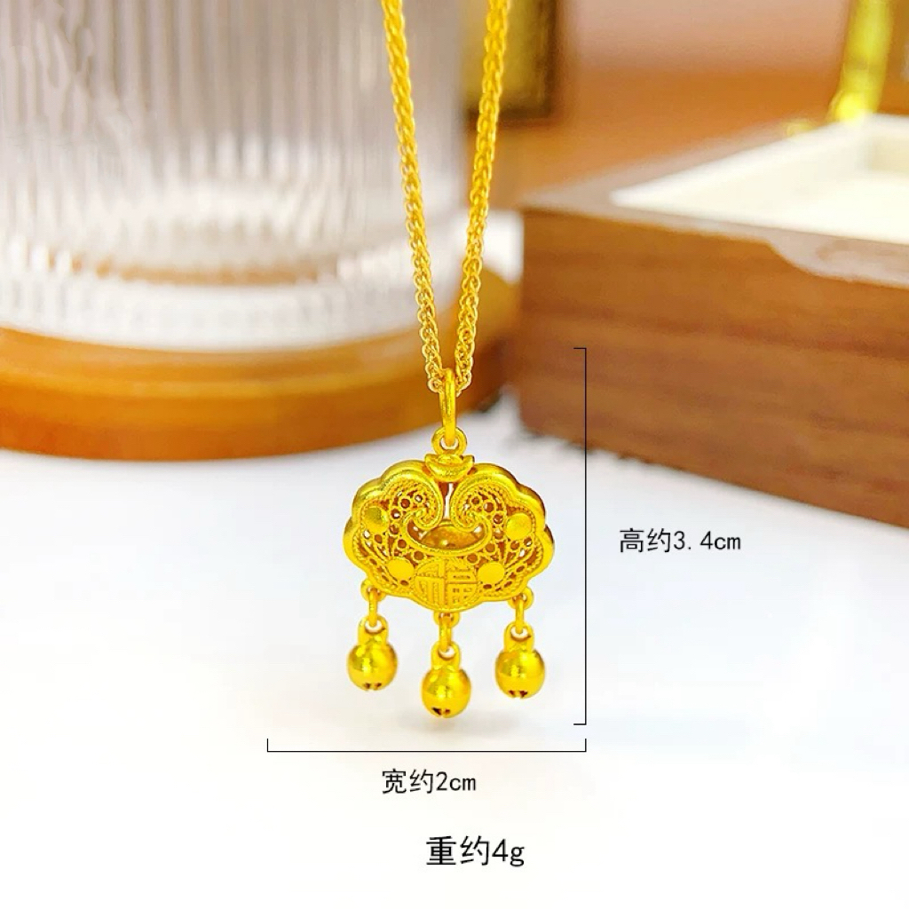 合金项链 精工小号福字铃铛长命锁包配细肖邦链金色链长可调节