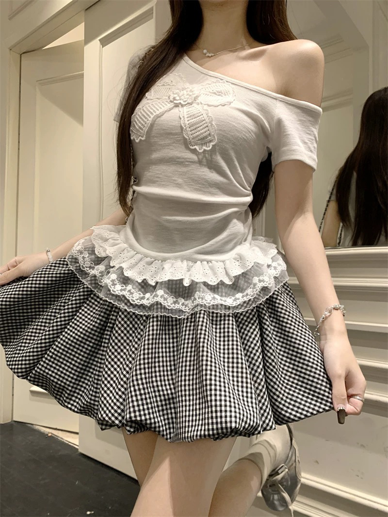 格子花苞半身裙短款