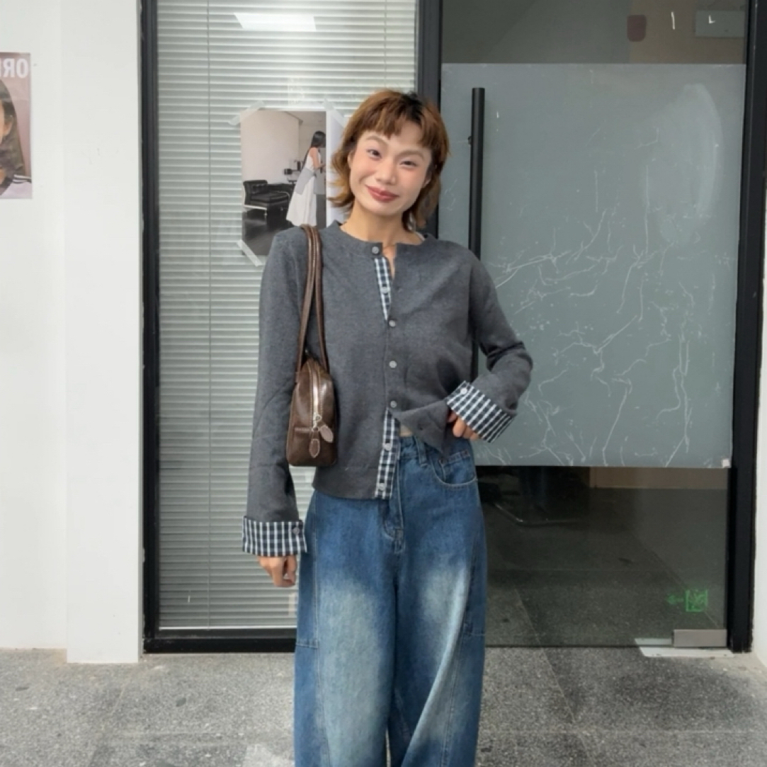 【文艺少女假两件】复古格子拼接假两件针织外套设计感撞色针织秋冬