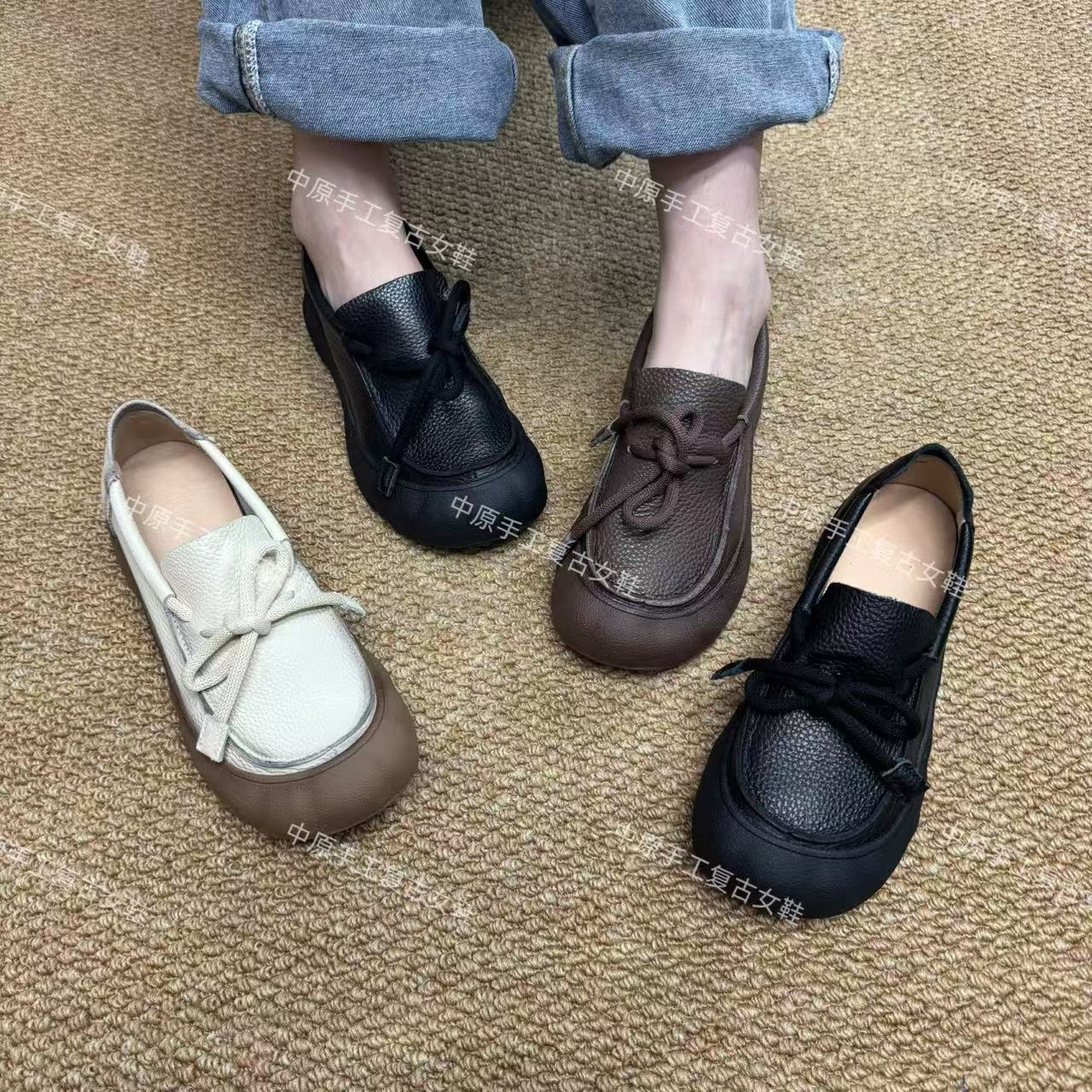 2503-1圆头系带新款牛皮日常复古风单鞋软底软面休闲百搭小皮鞋
