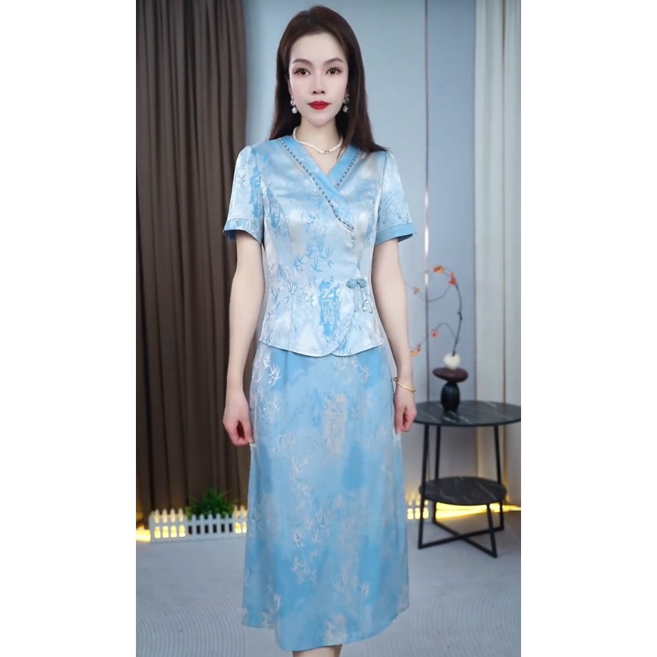 3132夏季连衣裙假两件减龄收腰显瘦时尚妈妈装连衣裙中长款优雅