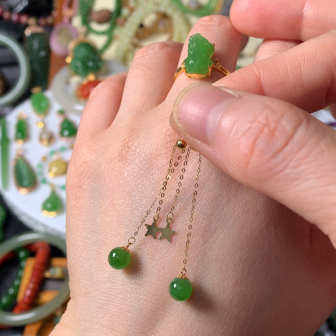 和田玉（碧玉）18K金镶嵌耳饰SL0004