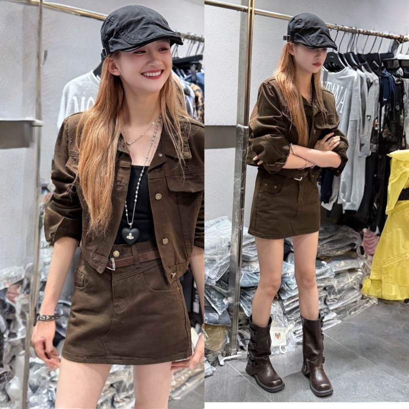 小凤家定制【韩系牛仔外套】高腰半身裙套装/送腰带