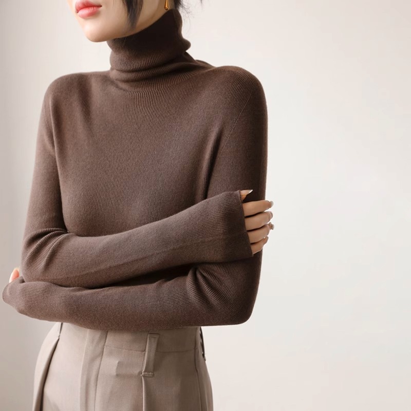 堆堆领无缝修身保暖毛衣女秋冬季正肩内搭羊绒叠穿高领针织打底衫
