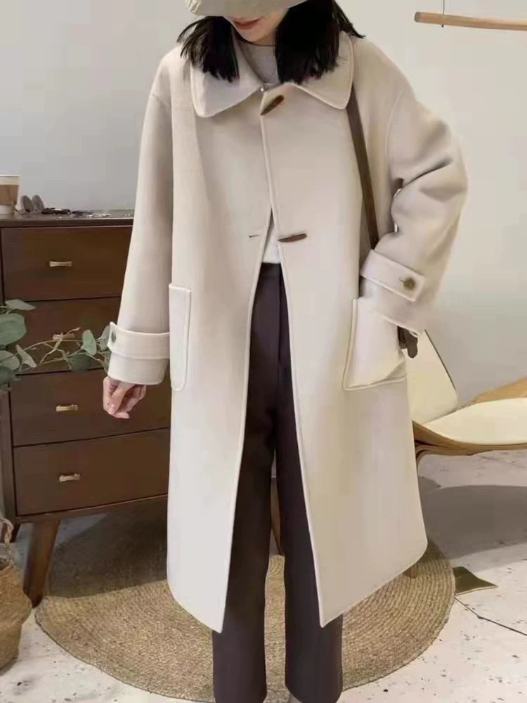 韩版牛角扣双面羊毛大衣小个子中长款大衣