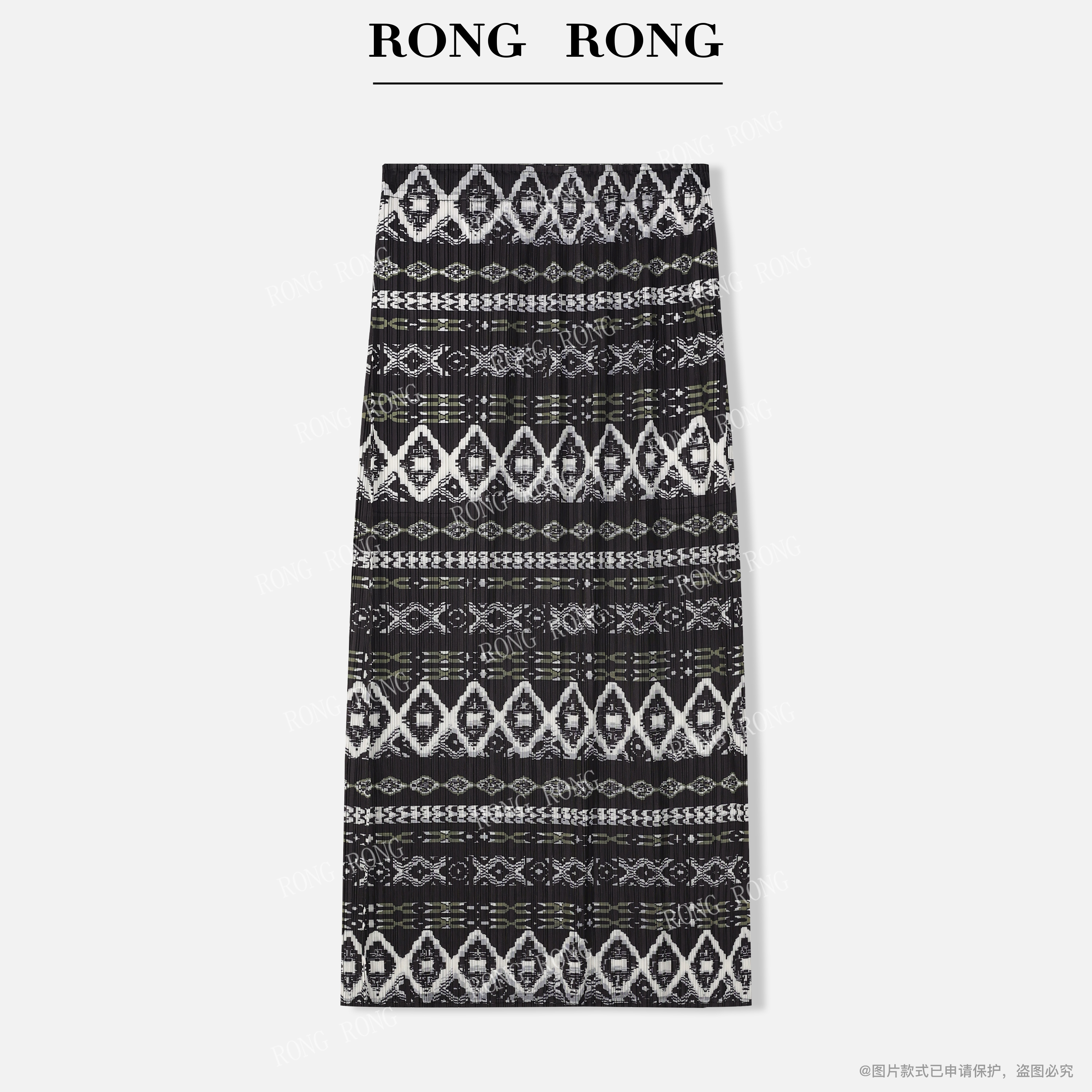 溶溶J【悠闲时光】RONGRONG 显瘦遮肉艺术印花压褶三宅半身裙25756