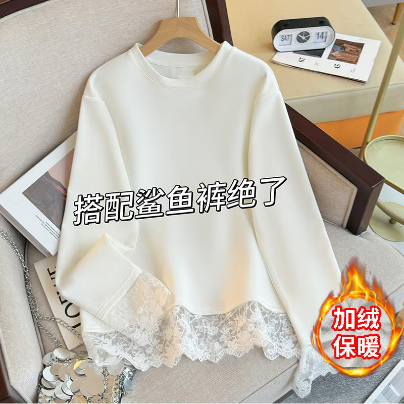 【轻奢气质】欧货白色长袖t恤女蕾丝冬新款加绒中长内搭打底衫