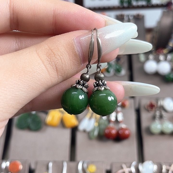 和田玉银S925镶嵌耳饰12左右