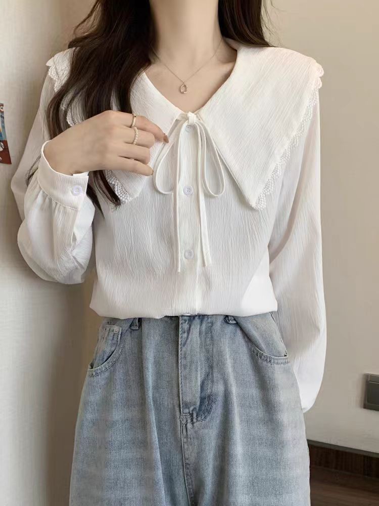 襯衣长袖白色洋气时尚小众宽松娃娃领设计感