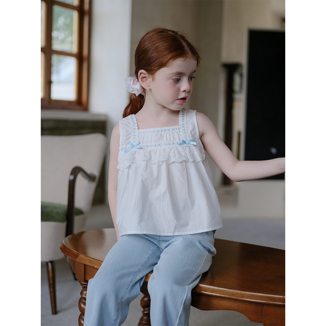 现飞飞家·海盐薄荷女童洋气蓝色蝴蝶结甜美休闲无袖娃娃衫 FF2791