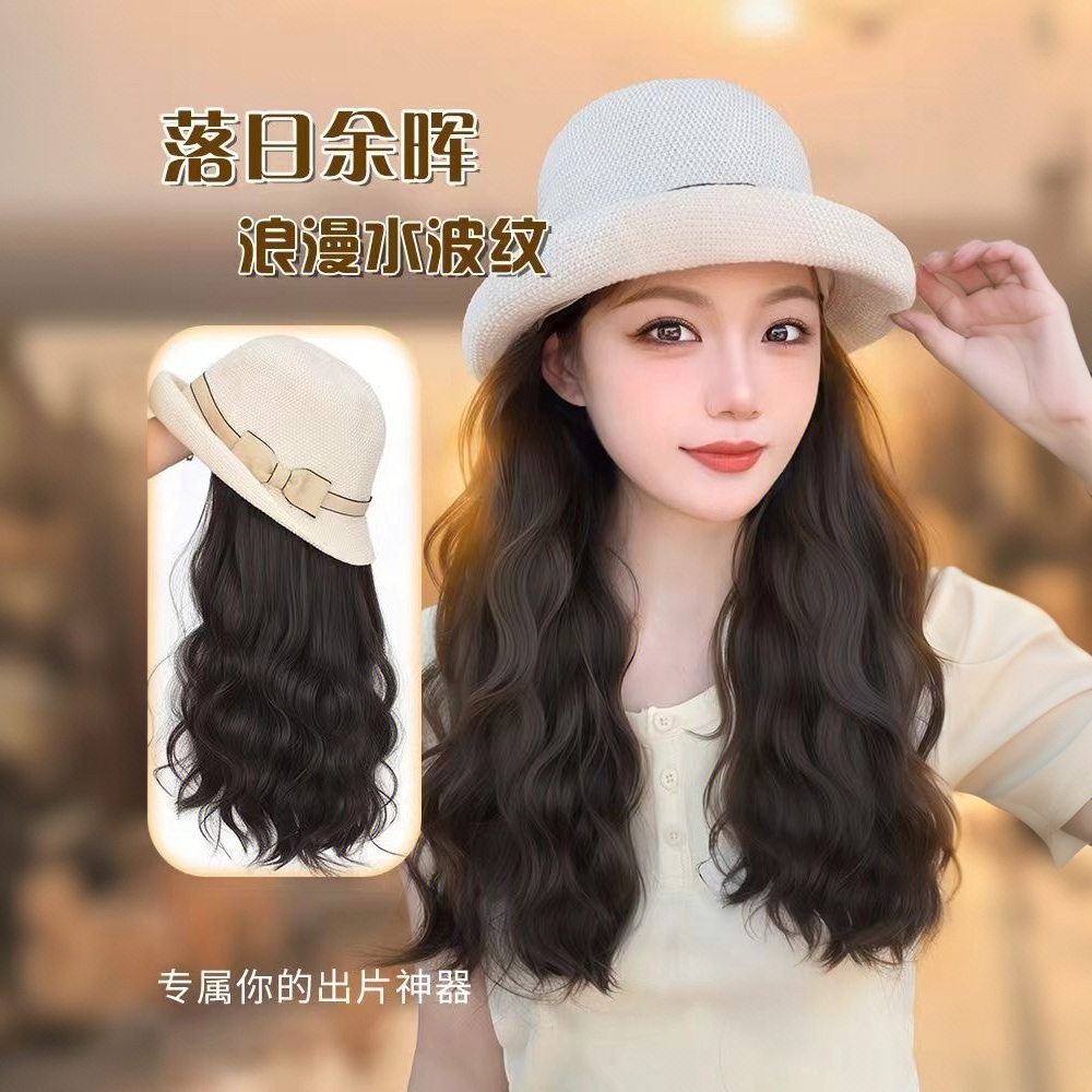 蝴蝶结渔夫帽假发一体女夏季编织镂空减龄防晒气质水波纹带帽假发