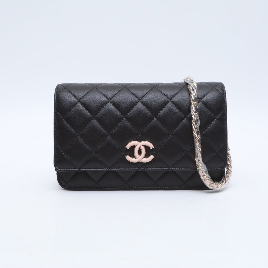 99新 Chanel/香奈儿 小花攀攀24C新款黑粉双拼链条woc 皮革S 芯片