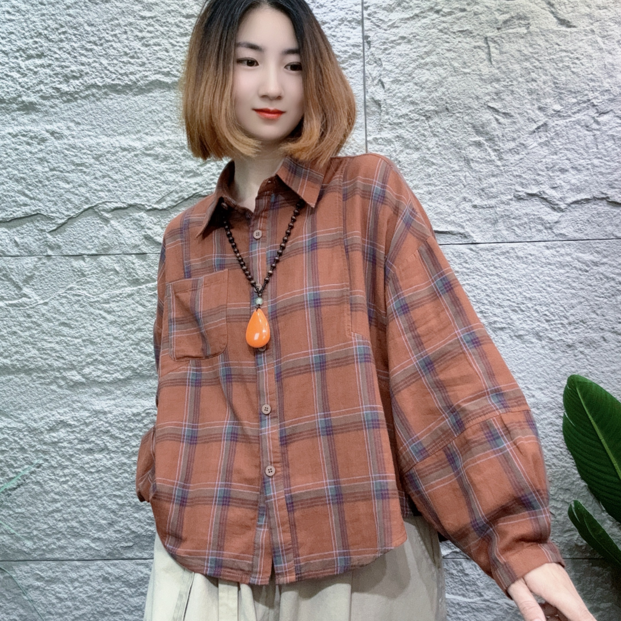 YXR7699秋季新款翻领格子衬衫宽松休闲不规则开衫
