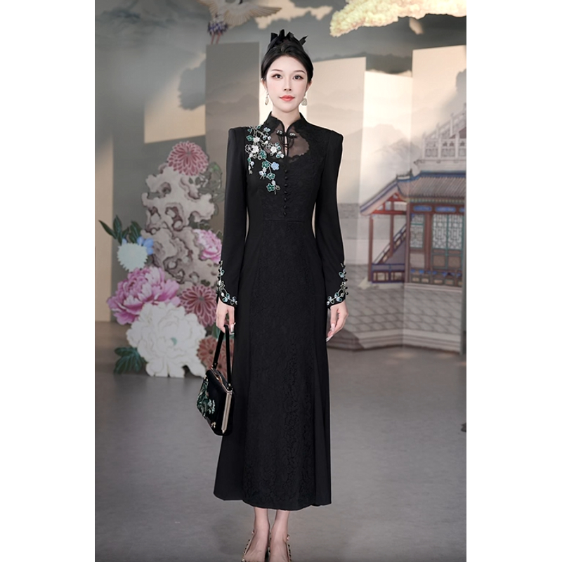 SUSSI/连身立领长袖贴花鱼尾连衣裙显瘦气质原创111AY406189