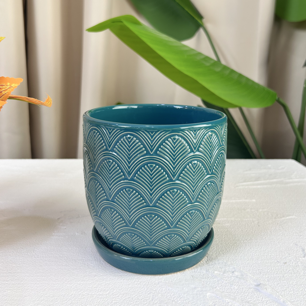 P57口14高14自带陶瓷底托适合蝴蝶兰发财树文竹多肉等绿植花卉