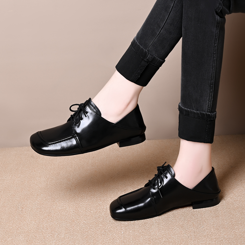 2025春秋新款舒适方头系带深口单鞋女英伦风百搭粗跟一脚蹬小皮鞋