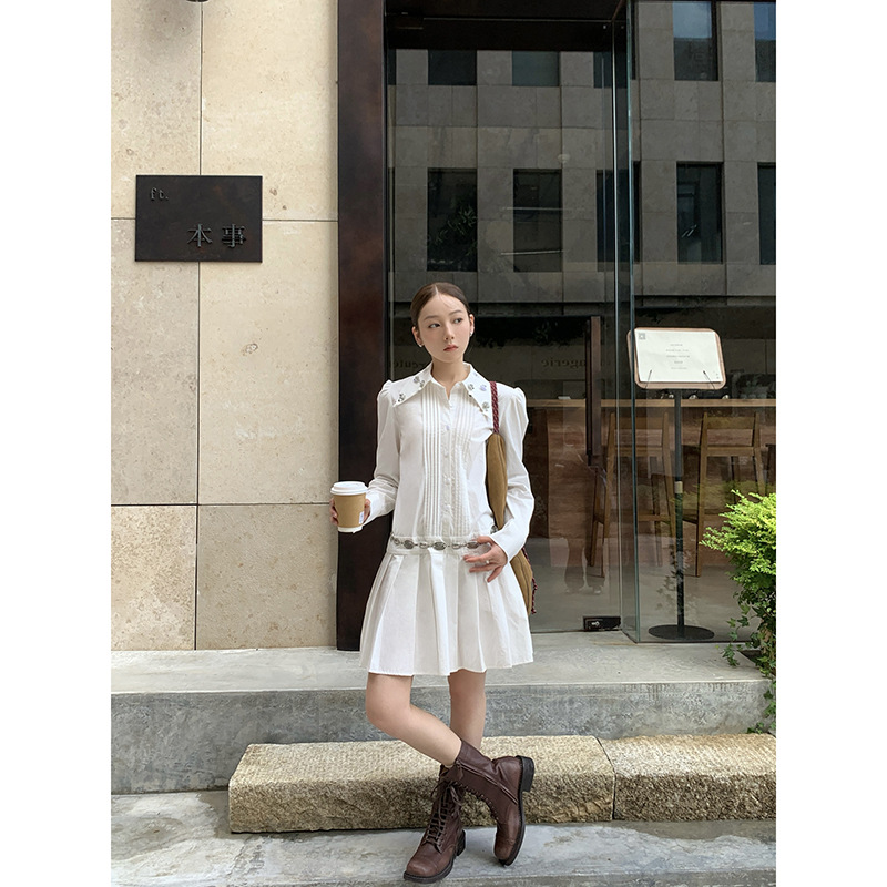 秋季学院风气质减龄百褶连衣裙女衬衫裙F2026