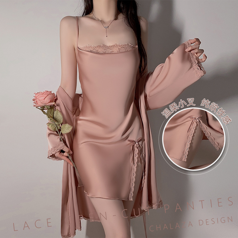 性感网纱肚兜睡裙套装轻奢古典挂脖绑带修身迷人睡裙家居服A2