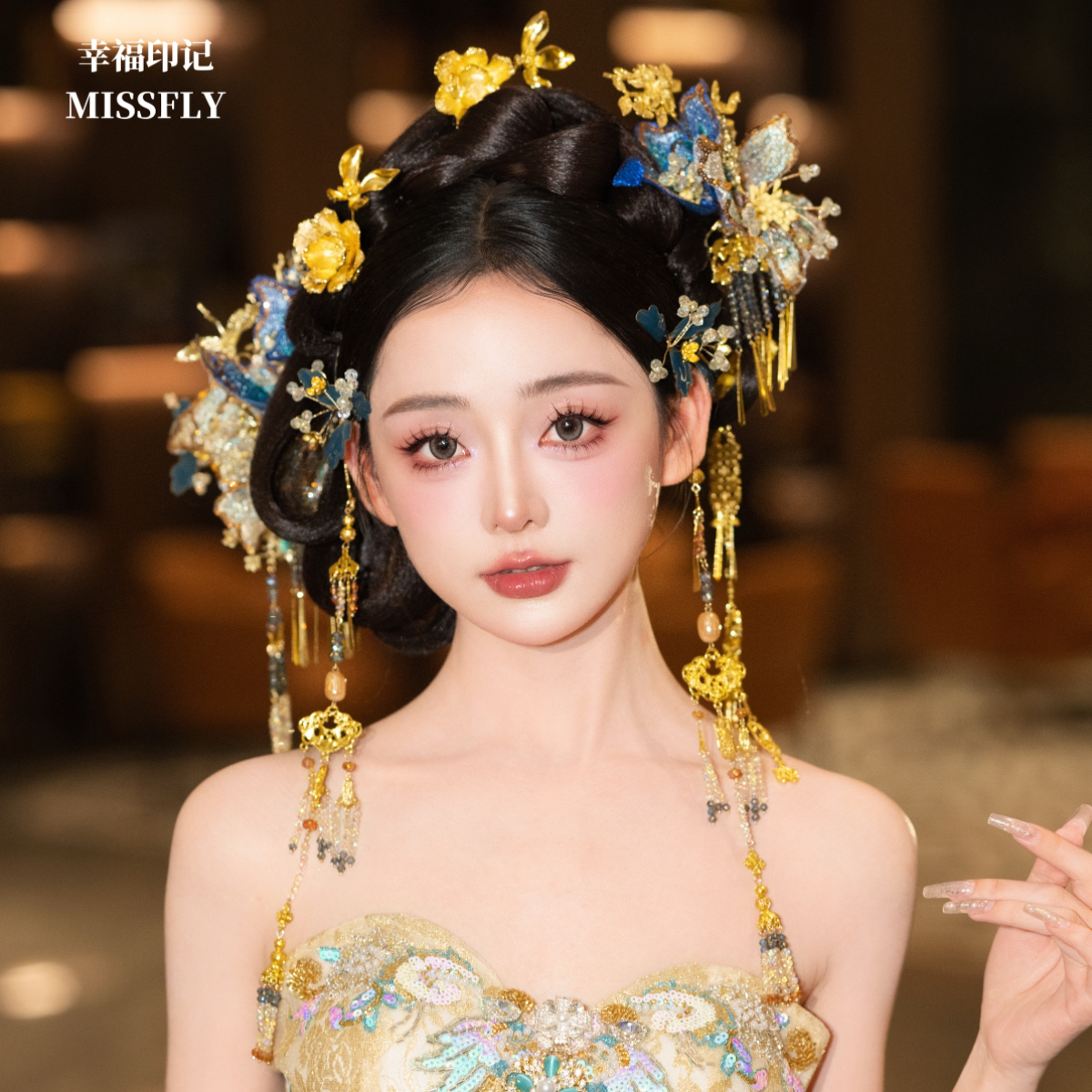 2025新款新娘头饰蓝色蕾丝金色流苏步摇发簪秀禾旗袍礼服汉服发饰