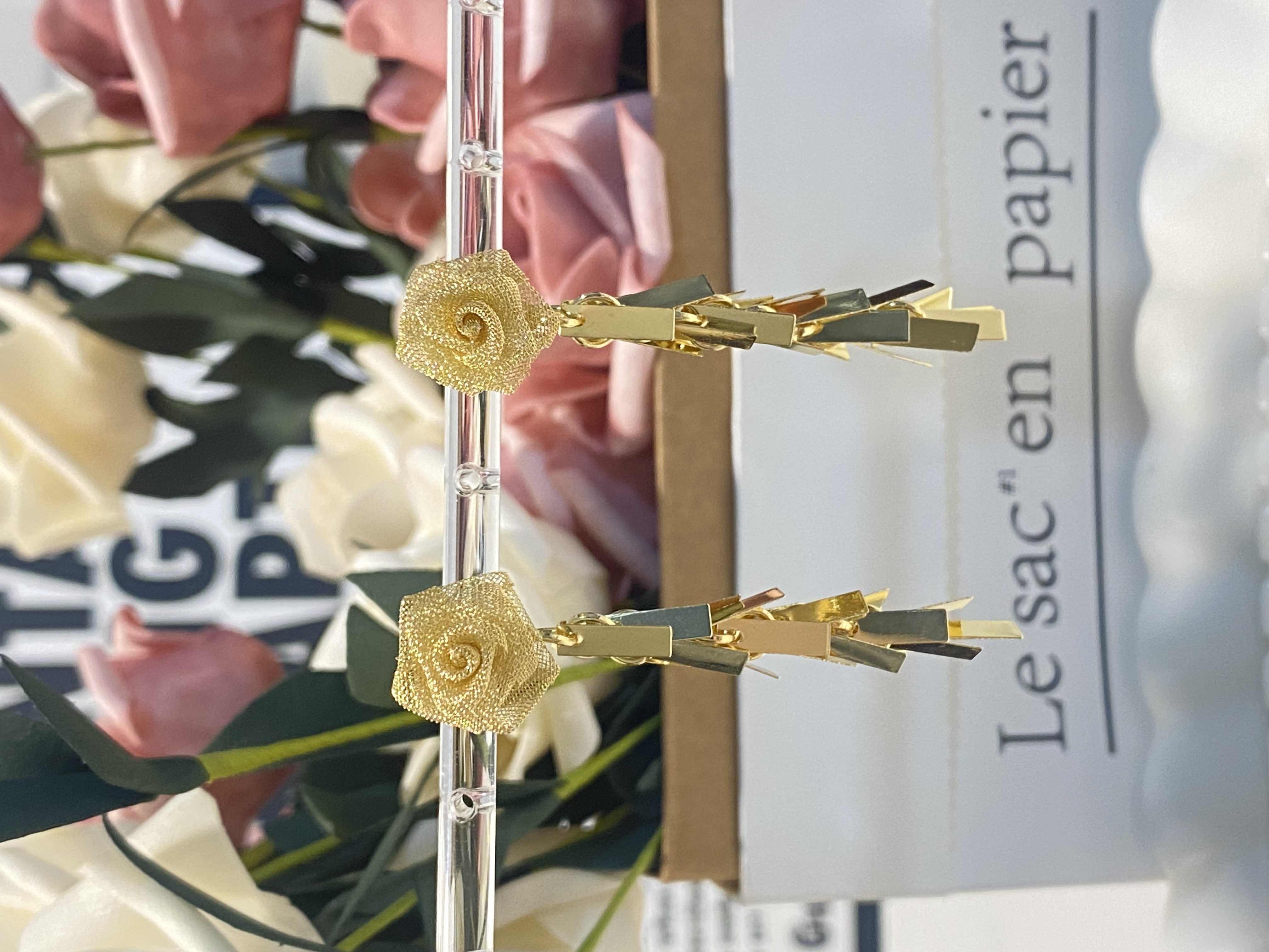 铜合金合成锆石耳饰 金色玫瑰手工复古/宫廷耳环国风轻奢耳环