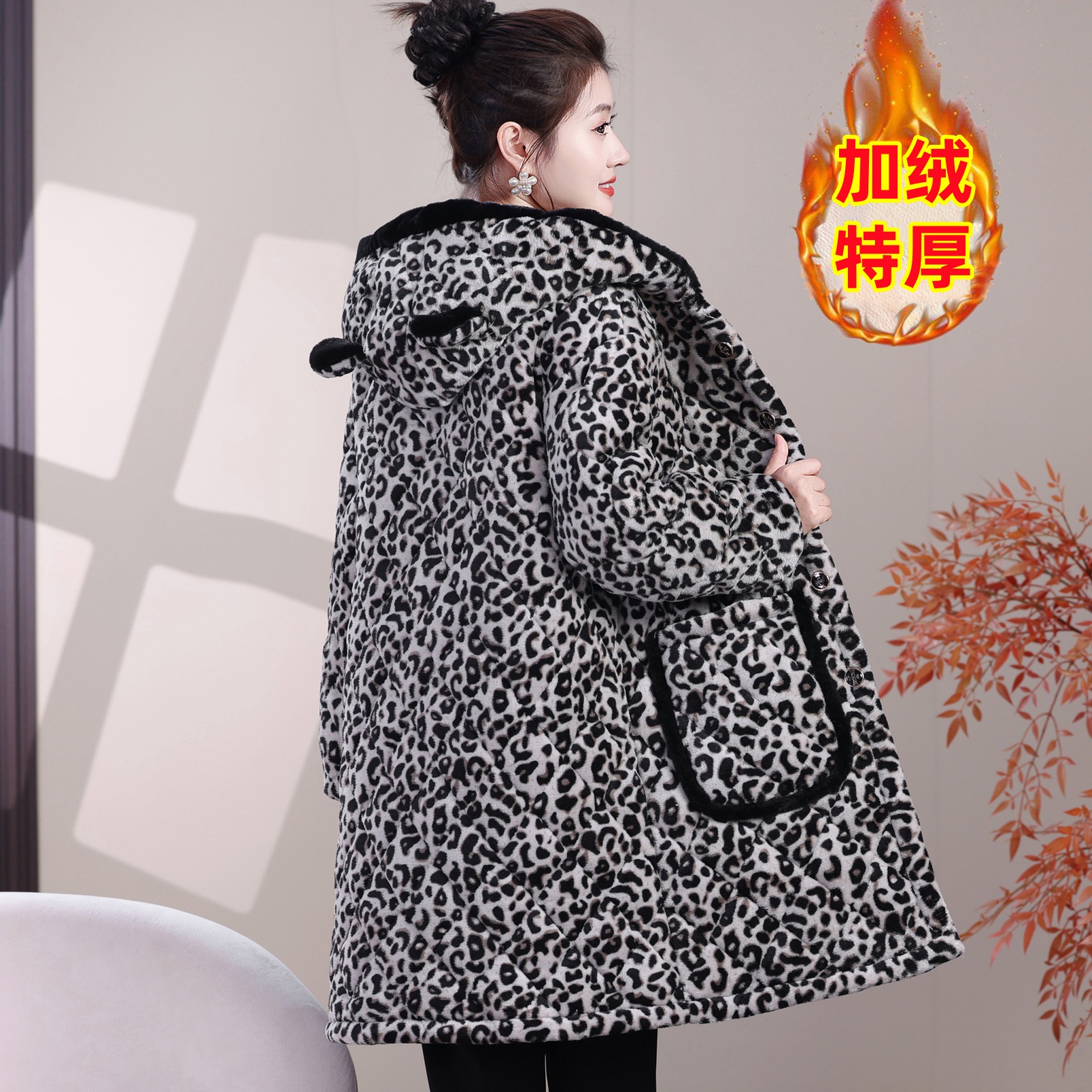 2025新款女百搭棉服加绒保暖防寒宽松外套韩版居家服豹纹加厚罩衣