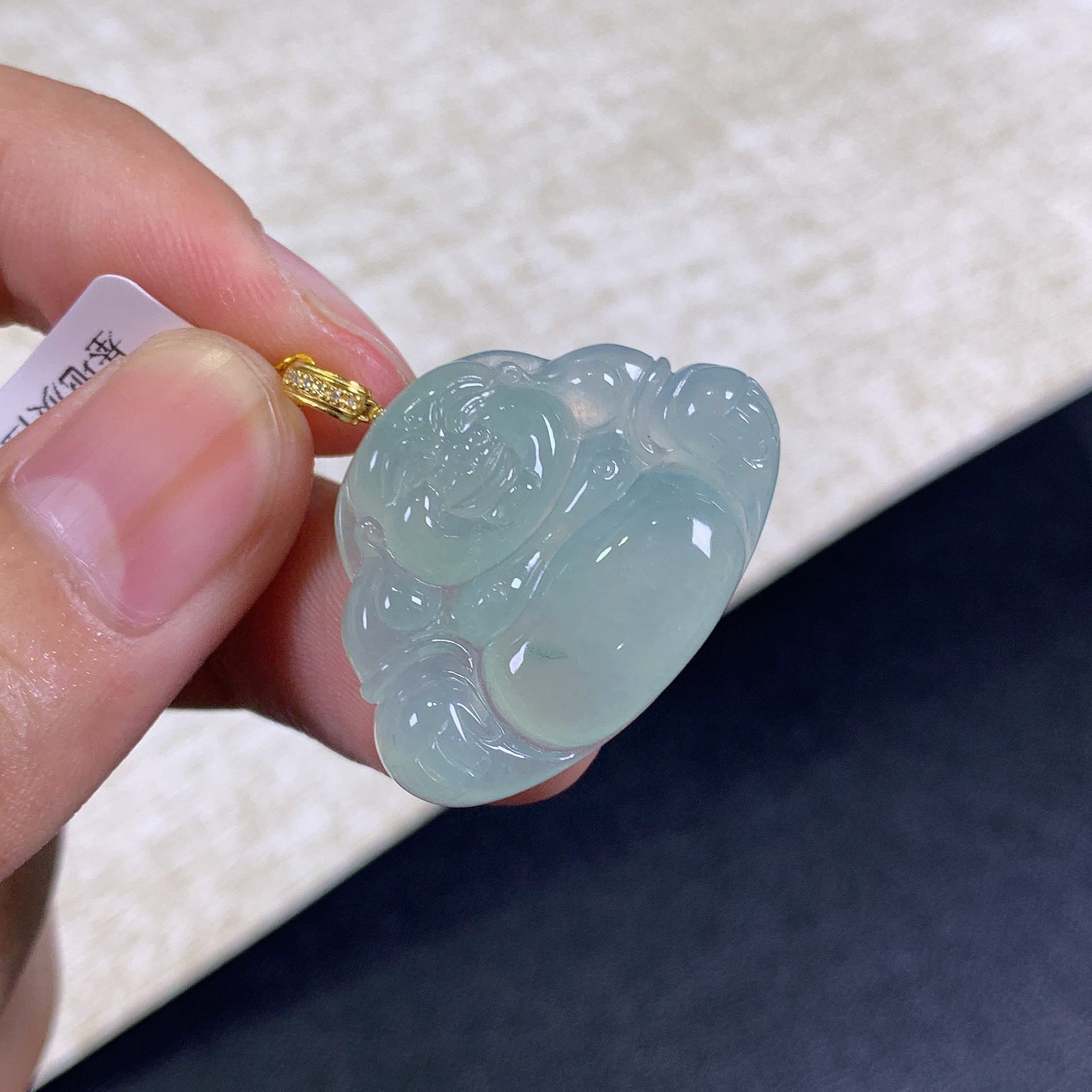 缅甸天然A货翡翠18k金镶嵌冰润通透晴绿佛公吊坠28.6x30.8x5.6