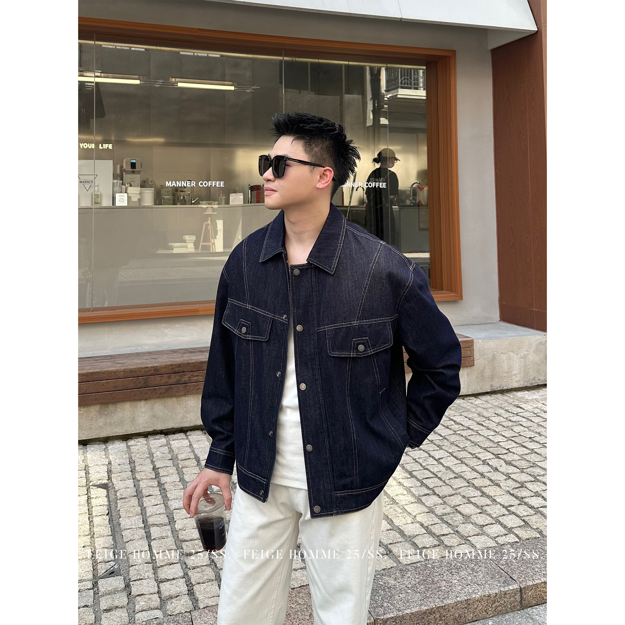 APENG秋 小众立体裁剪明线宽松翻领蓝色牛仔衣外套#9905