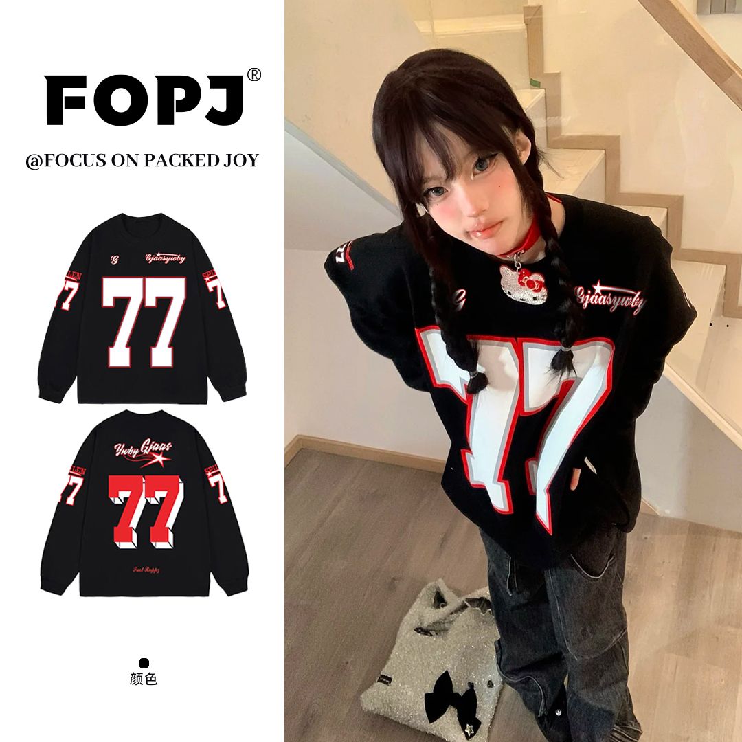 FOPJ美式复古学院风字母印花纯棉长袖t恤女宽松百搭圆领打底上衣