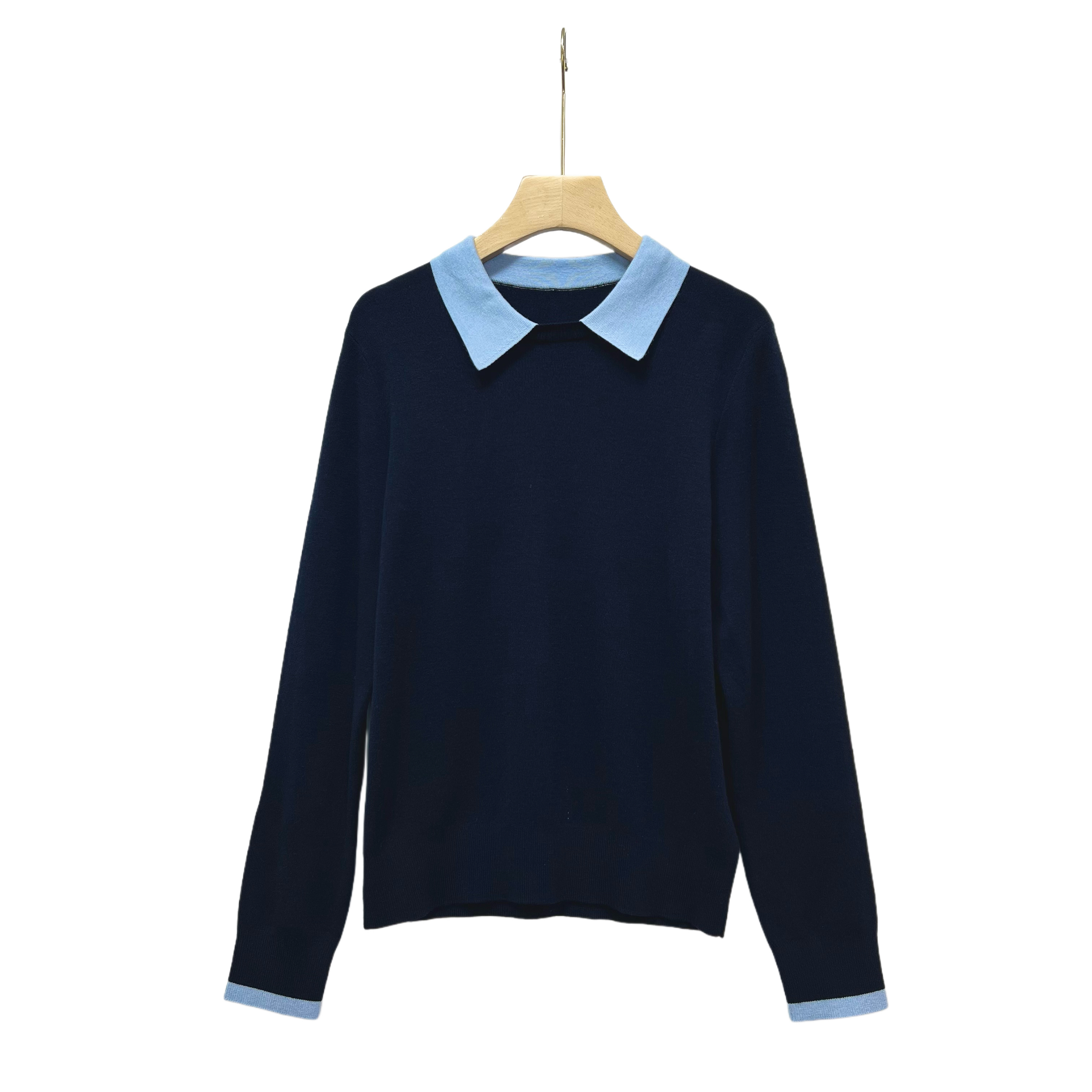 【糖糖】“假两件翻领”撞色羊毛针织衫百搭显瘦简约秋冬长袖上衣女