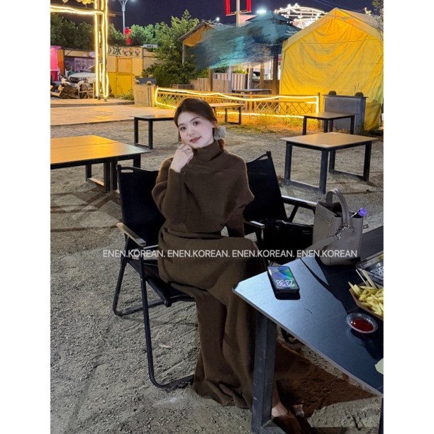 ENEN"慵懒冬日"秋冬氛围感气质高领蝙蝠袖毛衣+半身裙两件套套装