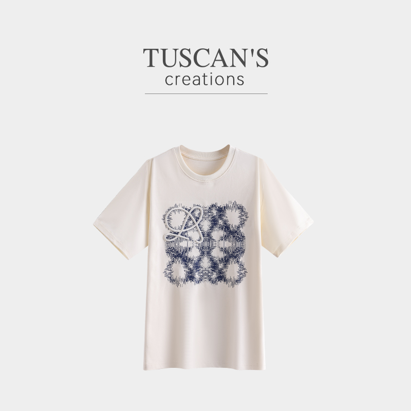 TUSCAN'S CREATIONS夏季休闲女士印花宽松纯棉T恤圆领百搭短袖