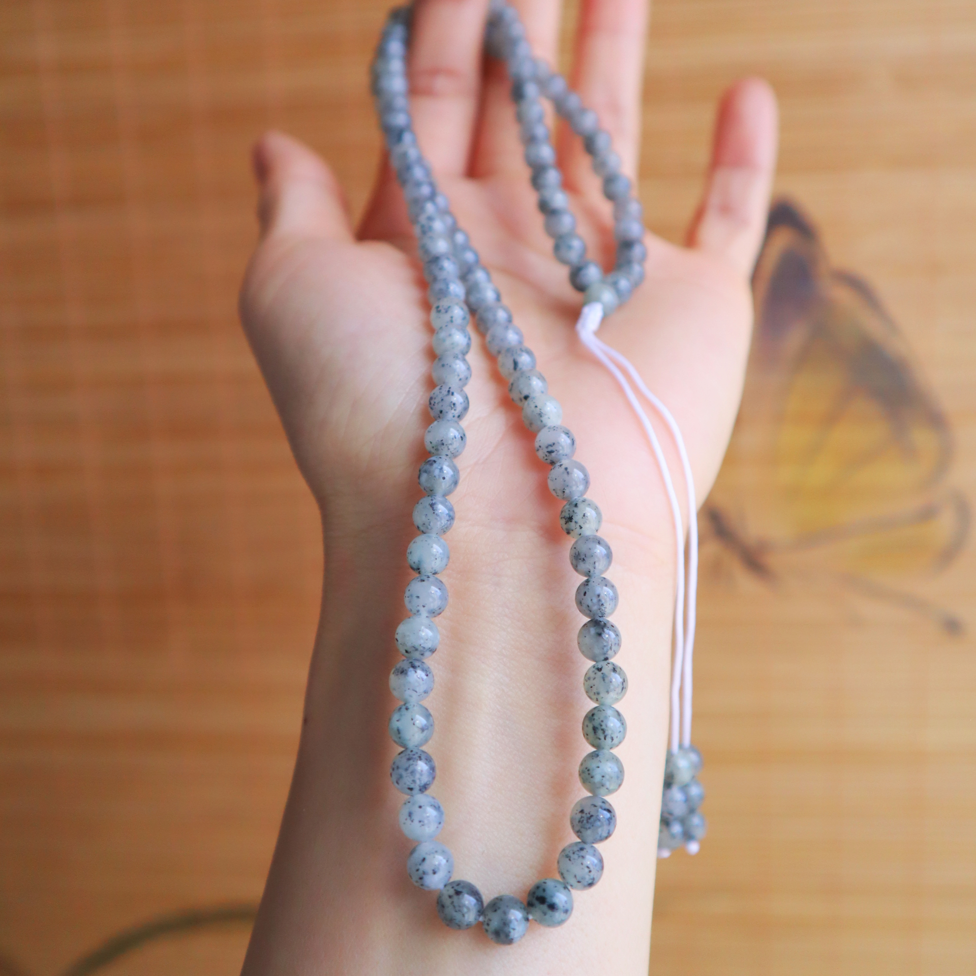 天然和田玉新疆点墨青花圆珠约6mm项链多圈手链百搭珠链挂链@0028