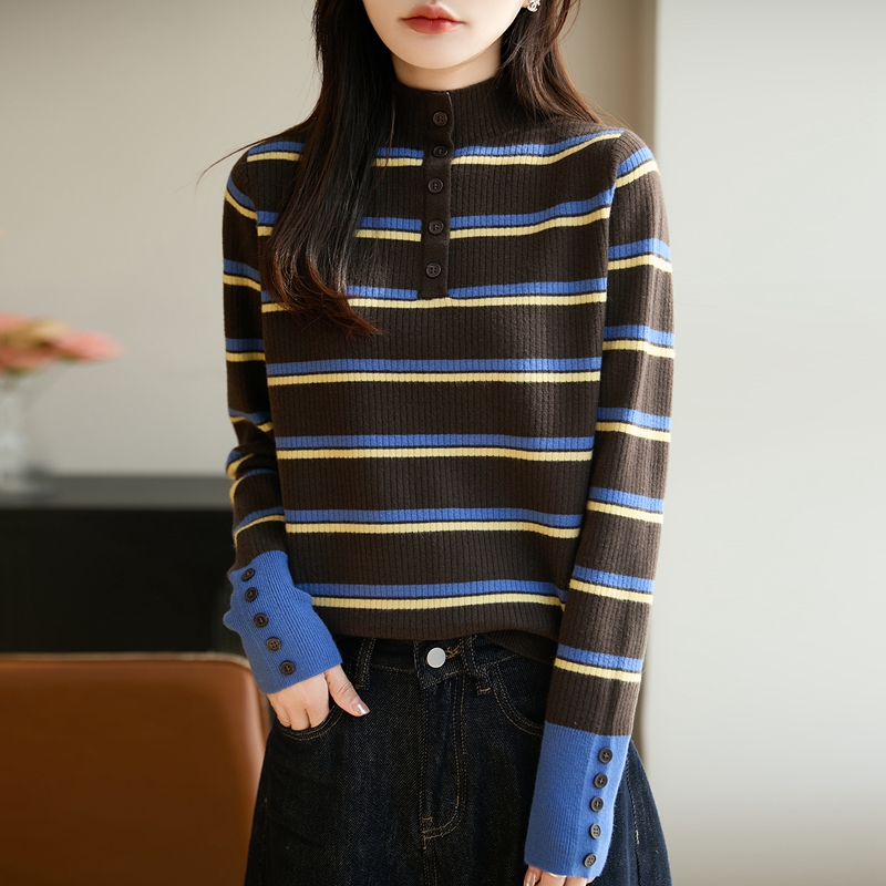 秋冬常规款针织圆领长袖条纹毛针织衫时尚百搭针织衫网红
