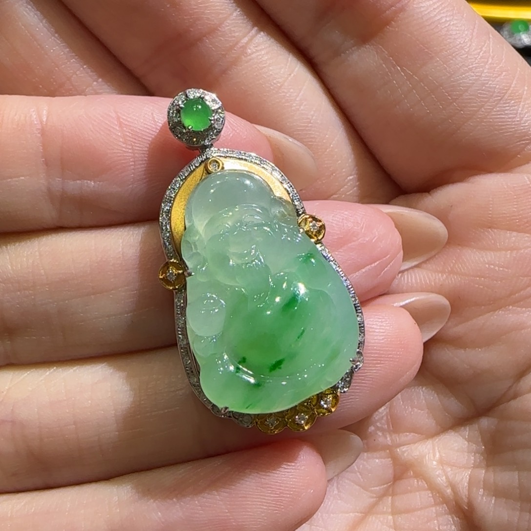 【闪购商品】翡翠18K金镶嵌颈饰土*天然缅甸A货翡翠